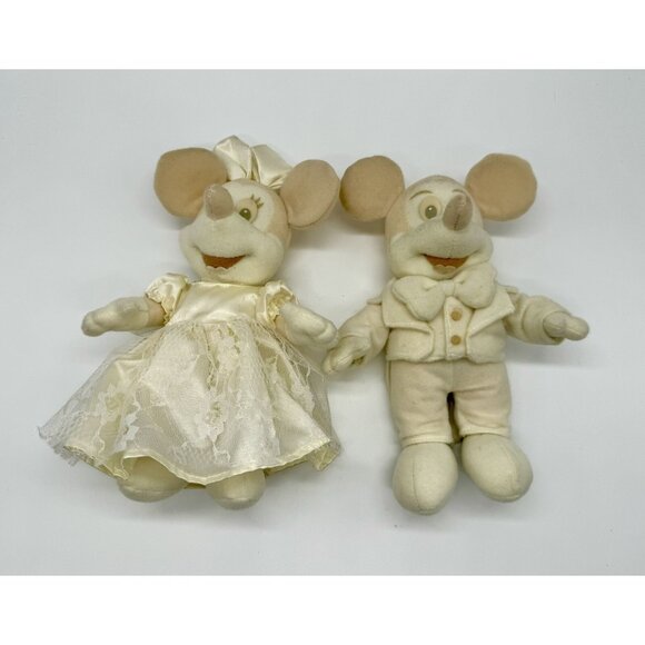 Disney Mickey Minnie Mouse Cream Champagne Monotone Wedding Set 9” Plush - Picture 1 of 7